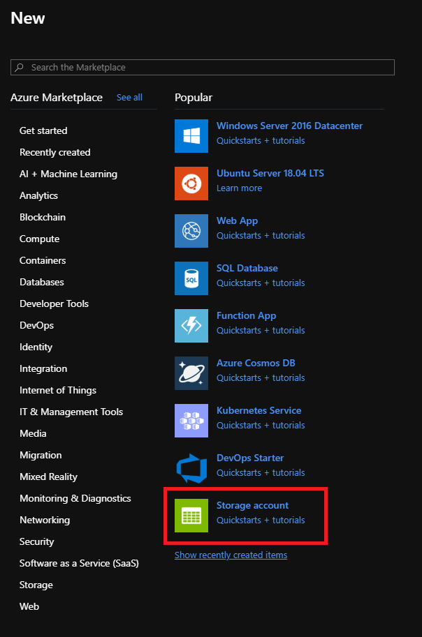 Azure Dashboard Create New Storage Account