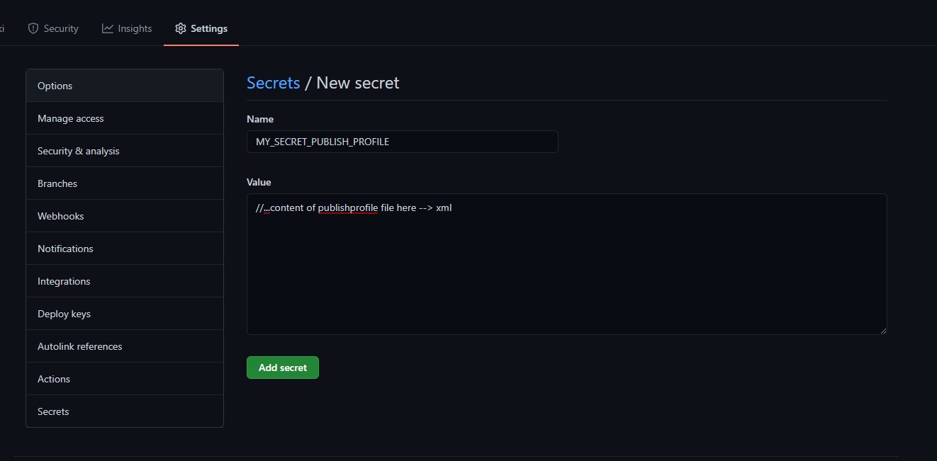 Screenshot of GitHub Secrets